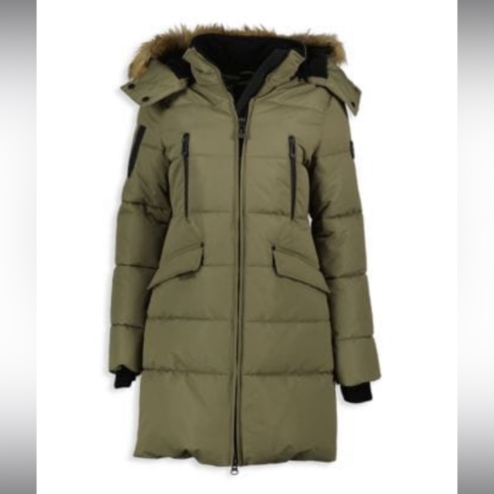Noize Olive Green Long Puffer Coat with Fur-Trim Hood